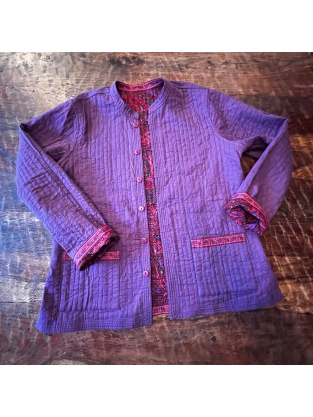Reversible Purple & Pink Quilted Jacket With Paisley Print Button Front Mandarin - Picture 5 of 7